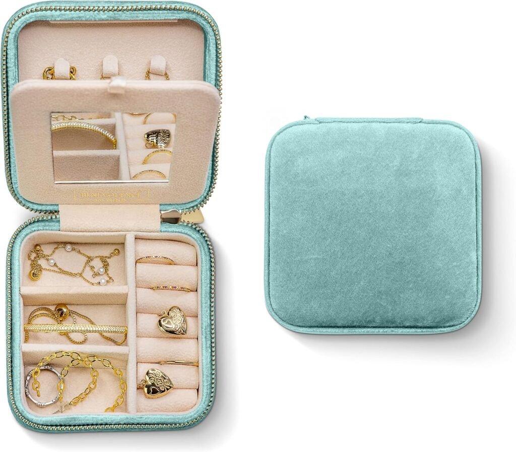Benevolence LA Featured in Oprah’s Favorite Things Plush Velvet Travel Jewelry Box – Jewelry Organizer Case with Mirror – Birthday Gifts for Women – Cyan
